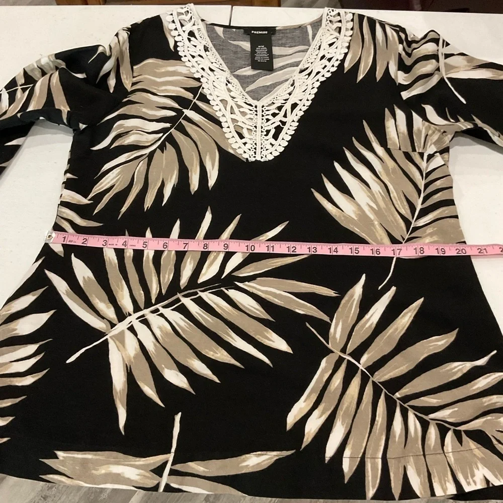 Premise Linen Blend Tunic Black/Tan Lace Palm Leaves V-neck Boho Women’s Medium
